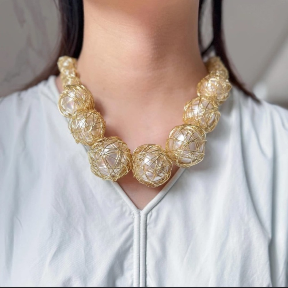 Gold and Pearl Wire Statement Necklace